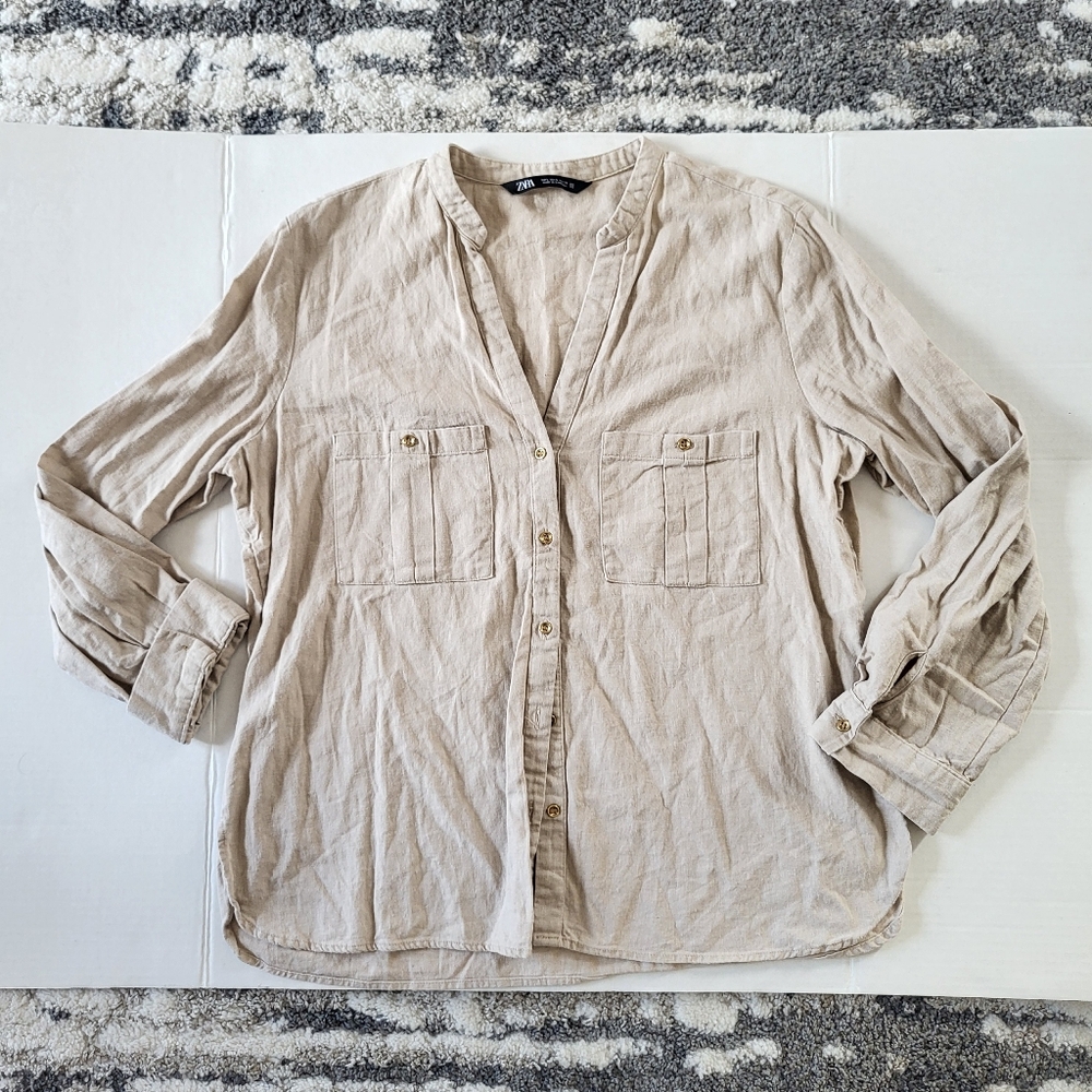 Zara Size L Beige Linen Casual Shirt Blouse Coastal Beach Minimalist Relaxed